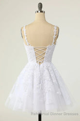 Short A-line V-neck Tulle Lace Backless Semi Formal Prom Dress white Homecoming Dresses